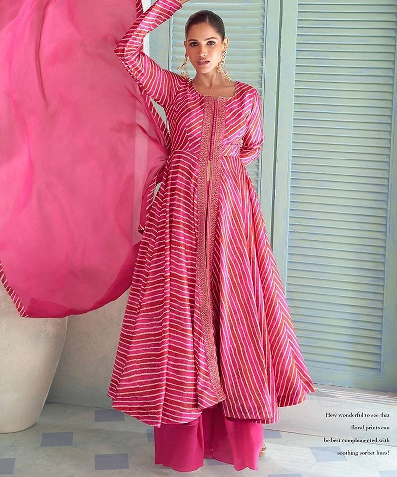 deep magenta pink embroidered chinnon free size stitched flared anarkali-style kurta gown suit
