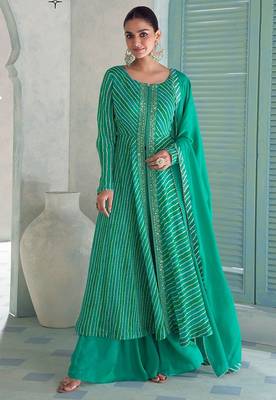 emerald green embroidered chinnon free size stitched flared anarkali-style kurta gown suit 1