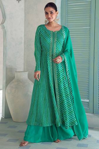 emerald green embroidered chinnon free size stitched flared anarkali-style kurta gown suit