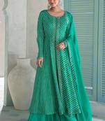 emerald green embroidered chinnon free size stitched flared anarkali-style kurta gown suit