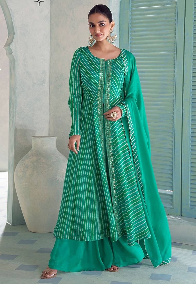 emerald green embroidered chinnon free size stitched flared anarkali-style kurta gown suit