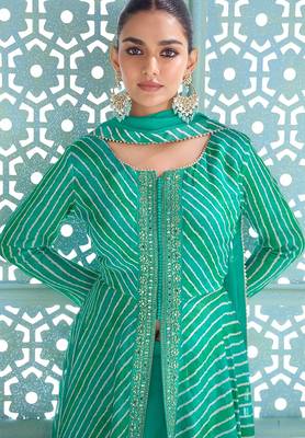 emerald green embroidered chinnon free size stitched flared anarkali-style kurta gown suit 2
