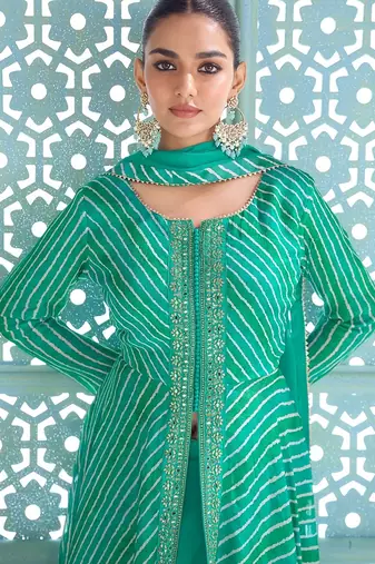 emerald green embroidered chinnon free size stitched flared anarkali-style kurta gown suit