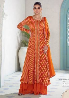 bright tangerine orange embroidered chinnon free size stitched flared anarkali-style kurta gown suit 1