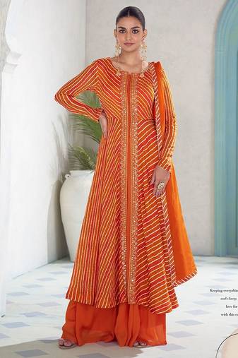 bright tangerine orange embroidered chinnon free size stitched flared anarkali-style kurta gown suit