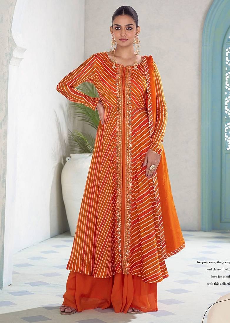 bright tangerine orange embroidered chinnon free size stitched flared anarkali-style kurta gown suit