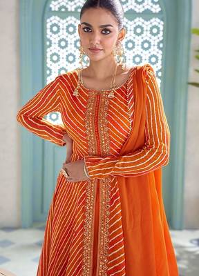 bright tangerine orange embroidered chinnon free size stitched flared anarkali-style kurta gown suit 2