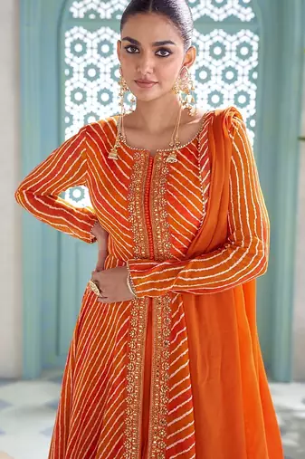 bright tangerine orange embroidered chinnon free size stitched flared anarkali-style kurta gown suit