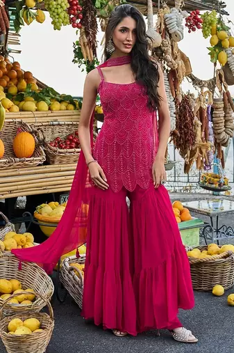 fuchsia pink embroidered georgette free size stitched short strappy straight tunic suit