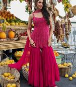 fuchsia pink embroidered georgette free size stitched short strappy straight tunic suit