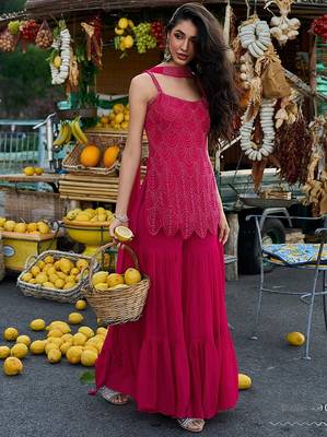 fuchsia pink embroidered georgette free size stitched short strappy straight tunic suit 4