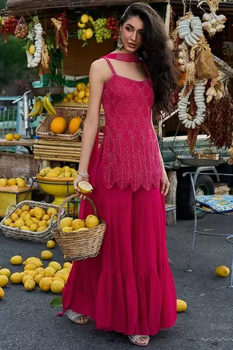 fuchsia pink embroidered georgette free size stitched short strappy straight tunic suit
