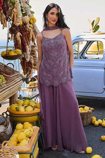 deep purple embroidered georgette free size stitched short strappy straight tunic suit