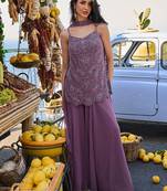 deep purple embroidered georgette free size stitched short strappy straight tunic suit