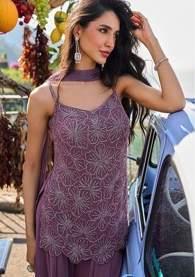 deep purple embroidered georgette free size stitched short strappy straight tunic suit 2