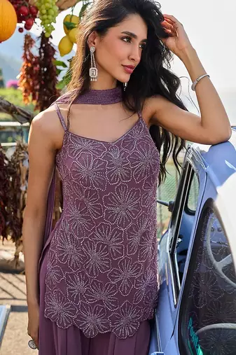 deep purple embroidered georgette free size stitched short strappy straight tunic suit