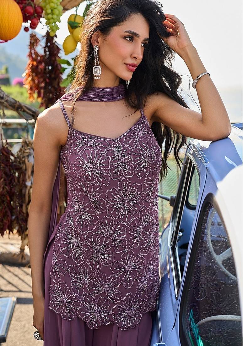 deep purple embroidered georgette free size stitched short strappy straight tunic suit