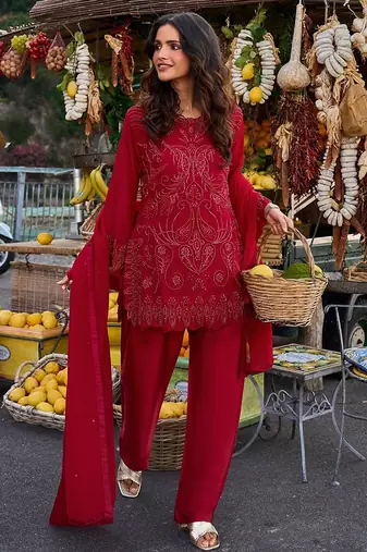 maroon red thread georgette free size stitched short strappy straight tunic suit