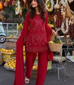 maroon red thread georgette free size stitched short strappy straight tunic suit
