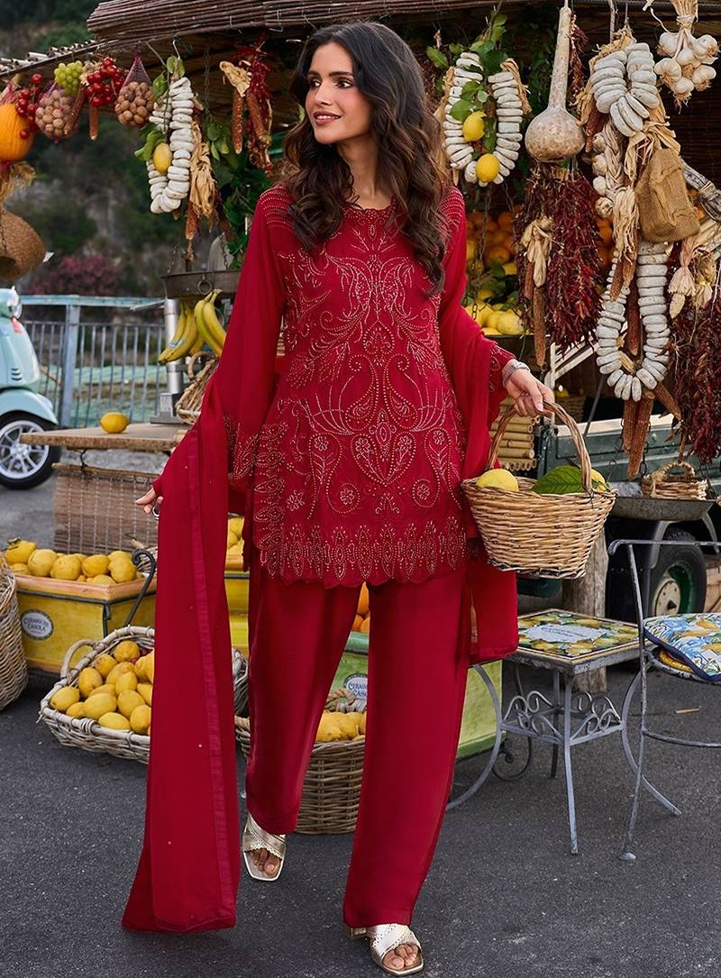 maroon red thread georgette free size stitched short strappy straight tunic suit