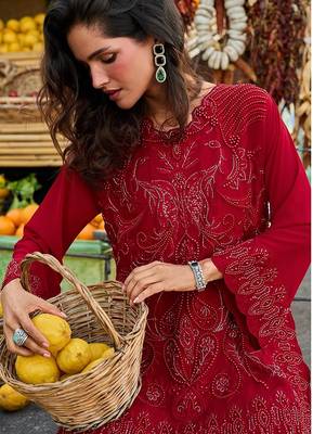 maroon red thread georgette free size stitched short strappy straight tunic suit 2