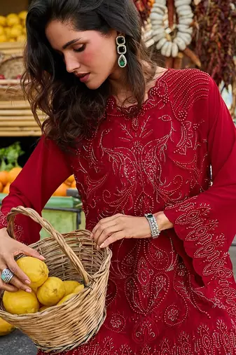 maroon red thread georgette free size stitched short strappy straight tunic suit