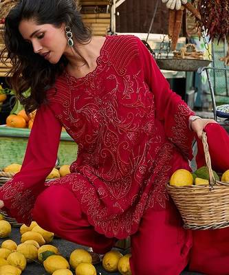 maroon red thread georgette free size stitched short strappy straight tunic suit 3