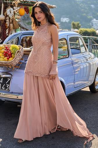 blush peach embroidered georgette free size stitched short strappy straight tunic suit