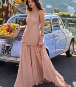 blush peach embroidered georgette free size stitched short strappy straight tunic suit
