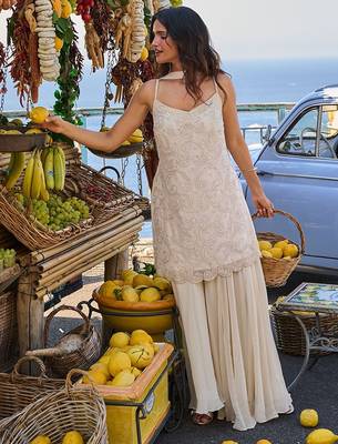 ivory cream thread georgette free size stitched short strappy straight tunic suit 1