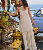 ivory cream thread georgette free size stitched short strappy straight tunic suit