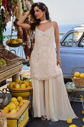 ivory cream thread georgette free size stitched short strappy straight tunic suit