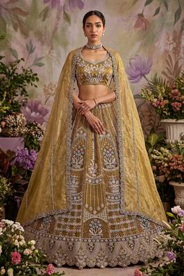 brown embroidered net unstitched lehenga choli with dupatta 1