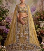 brown embroidered net unstitched lehenga choli with dupatta