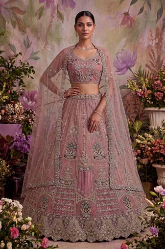 pink embroidered net unstitched lehenga choli with dupatta