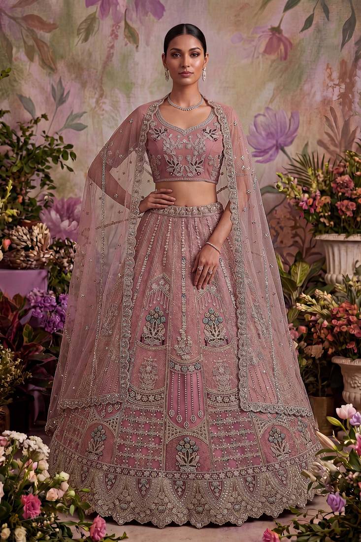 pink embroidered net unstitched lehenga choli with dupatta