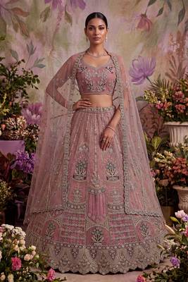 pink embroidered net unstitched lehenga choli with dupatta 1