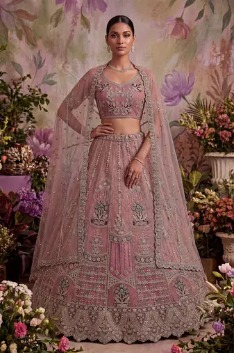 pink embroidered net unstitched lehenga choli with dupatta