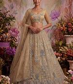 beige embroidered net unstitched lehenga choli with dupatta