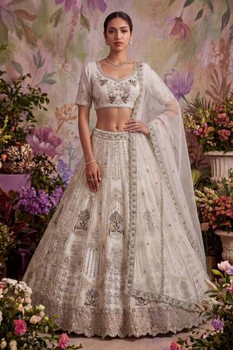 off white embroidered net unstitched lehenga choli with dupatta
