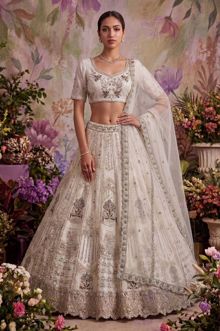 off white embroidered net unstitched lehenga choli with dupatta