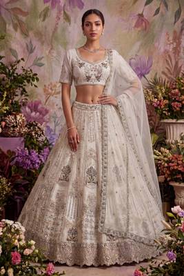 off white embroidered net unstitched lehenga choli with dupatta 1