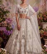 off white embroidered net unstitched lehenga choli with dupatta