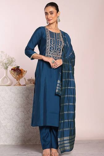 blue embroidered poly silk free size stiched kurta set