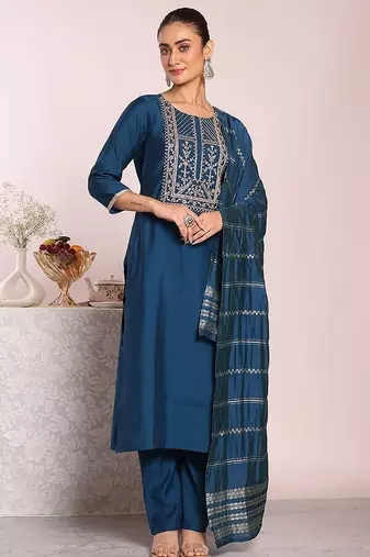 blue embroidered poly silk free size stiched kurta set