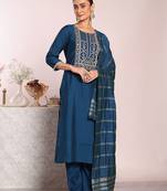 blue embroidered poly silk free size stiched kurta set