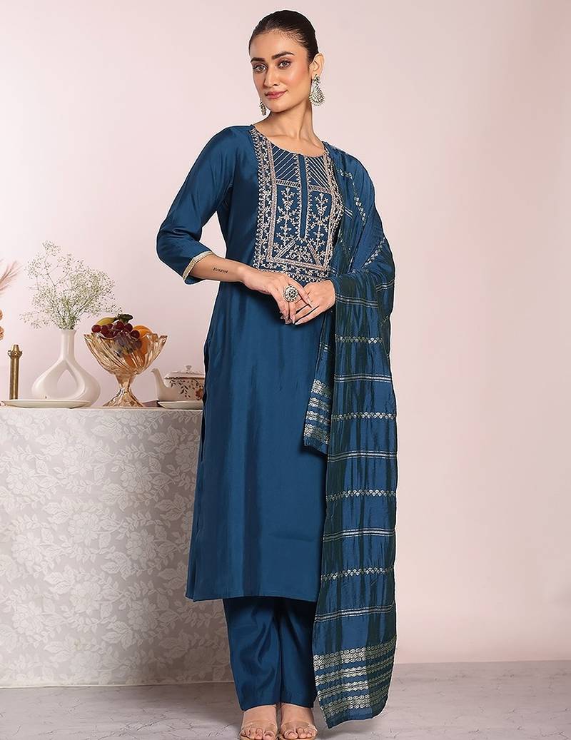 blue embroidered poly silk free size stiched kurta set