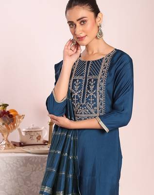 blue embroidered poly silk free size stiched kurta set 2