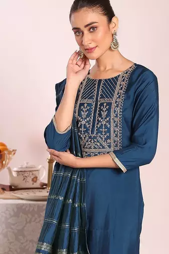 blue embroidered poly silk free size stiched kurta set