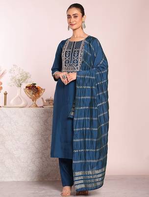 blue embroidered poly silk free size stiched kurta set 3